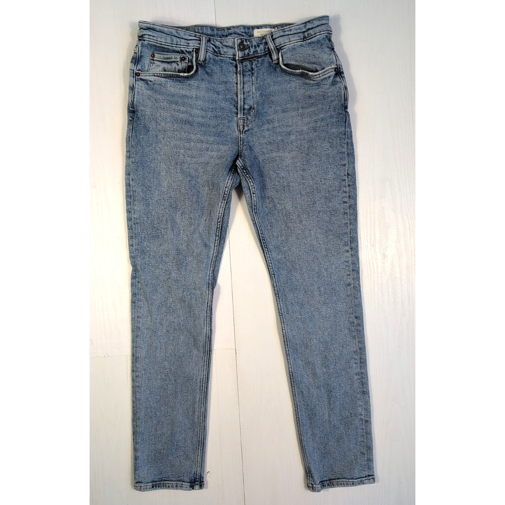 AllSaints Women’s W32 Blue Skinny Jeans Rex Button Fly Medium Wash Stretch Denim